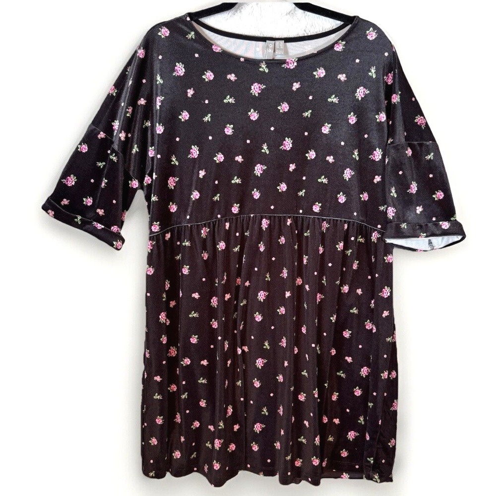 ASOS Dress Size 10 Velvet Printed T-shirt Smock Black‎ Pink Floral